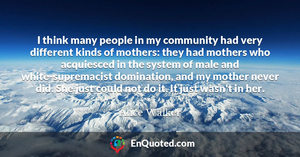 I think many people in my community had very different kinds of mothers: they had mothers who acquiesced in the system of male and white-supremacist domination, and my mother never did. She just could not do it. It just wasn't in her.