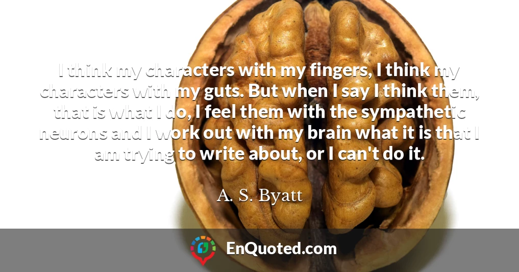 I think my characters with my fingers, I think my characters with my guts. But when I say I think them, that is what I do, I feel them with the sympathetic neurons and I work out with my brain what it is that I am trying to write about, or I can't do it.