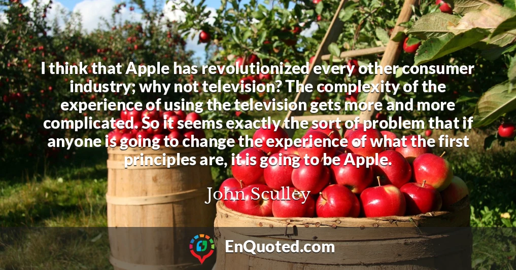 I think that Apple has revolutionized every other consumer industry; why not television? The complexity of the experience of using the television gets more and more complicated. So it seems exactly the sort of problem that if anyone is going to change the experience of what the first principles are, it is going to be Apple.