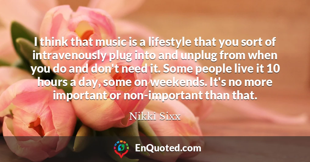 I think that music is a lifestyle that you sort of intravenously plug into and unplug from when you do and don't need it. Some people live it 10 hours a day, some on weekends. It's no more important or non-important than that.