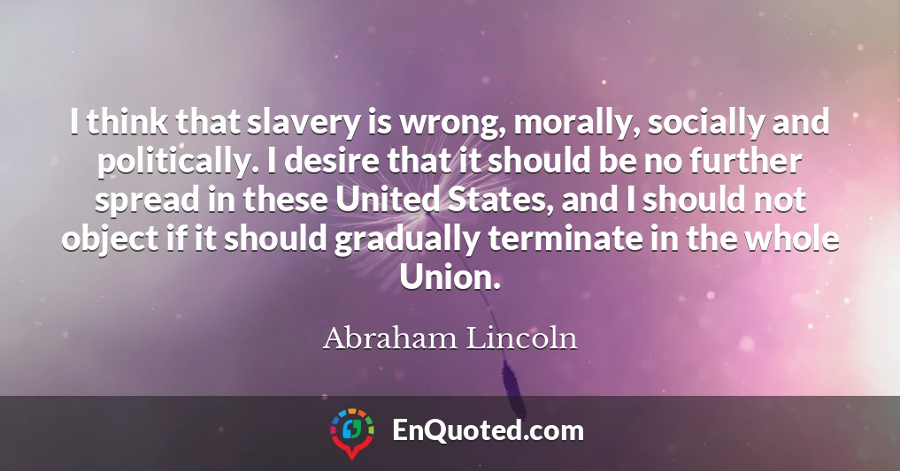 I think that slavery is wrong, morally, socially and politically. I desire that it should be no further spread in these United States, and I should not object if it should gradually terminate in the whole Union.