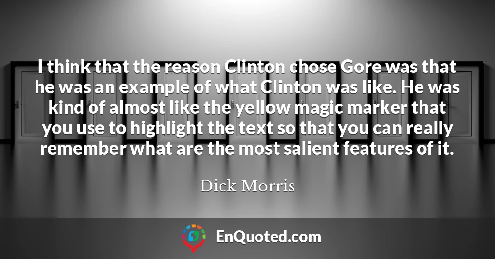 I think that the reason Clinton chose Gore was that he was an example of what Clinton was like. He was kind of almost like the yellow magic marker that you use to highlight the text so that you can really remember what are the most salient features of it.