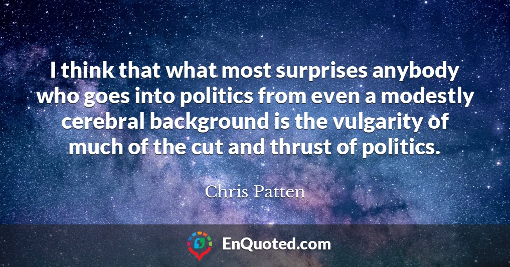 I think that what most surprises anybody who goes into politics from even a modestly cerebral background is the vulgarity of much of the cut and thrust of politics.