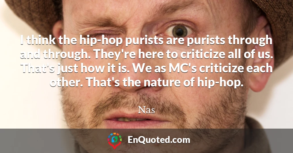 I think the hip-hop purists are purists through and through. They're here to criticize all of us. That's just how it is. We as MC's criticize each other. That's the nature of hip-hop.