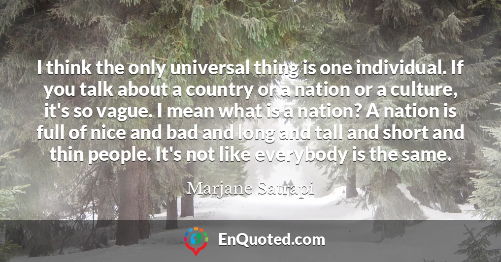 I think the only universal thing is one individual. If you talk about a country or a nation or a culture, it's so vague. I mean what is a nation? A nation is full of nice and bad and long and tall and short and thin people. It's not like everybody is the same.