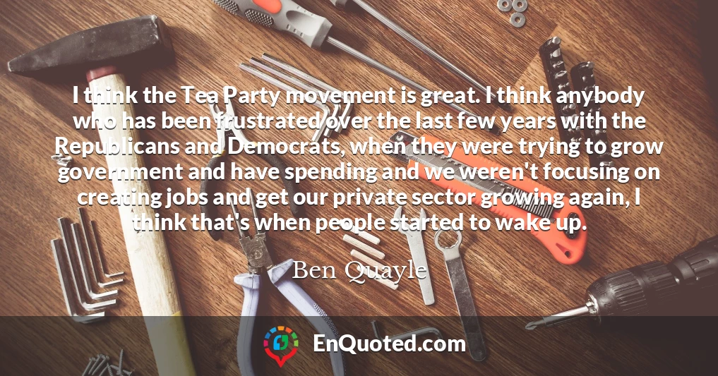 I think the Tea Party movement is great. I think anybody who has been frustrated over the last few years with the Republicans and Democrats, when they were trying to grow government and have spending and we weren't focusing on creating jobs and get our private sector growing again, I think that's when people started to wake up.