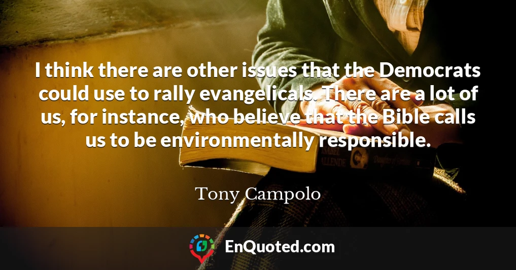 I think there are other issues that the Democrats could use to rally evangelicals. There are a lot of us, for instance, who believe that the Bible calls us to be environmentally responsible.
