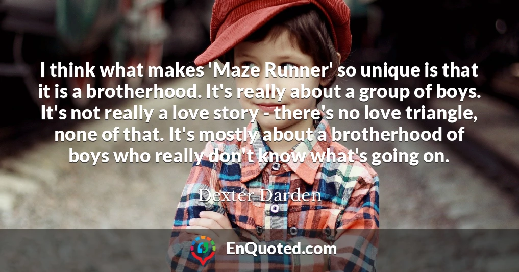 I think what makes 'Maze Runner' so unique is that it is a brotherhood. It's really about a group of boys. It's not really a love story - there's no love triangle, none of that. It's mostly about a brotherhood of boys who really don't know what's going on.
