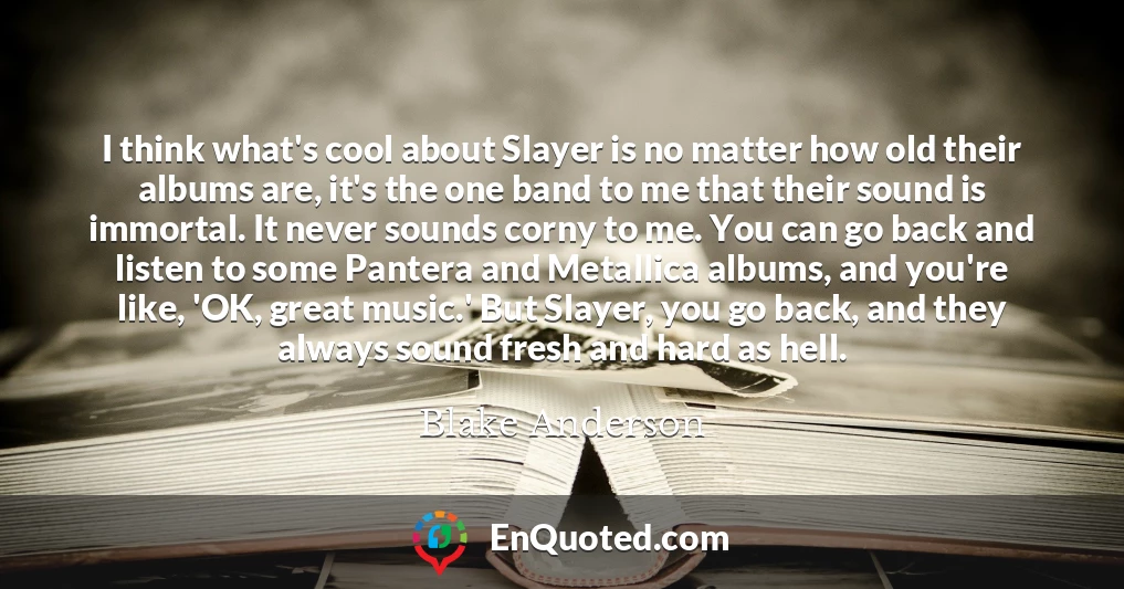 I think what's cool about Slayer is no matter how old their albums are, it's the one band to me that their sound is immortal. It never sounds corny to me. You can go back and listen to some Pantera and Metallica albums, and you're like, 'OK, great music.' But Slayer, you go back, and they always sound fresh and hard as hell.