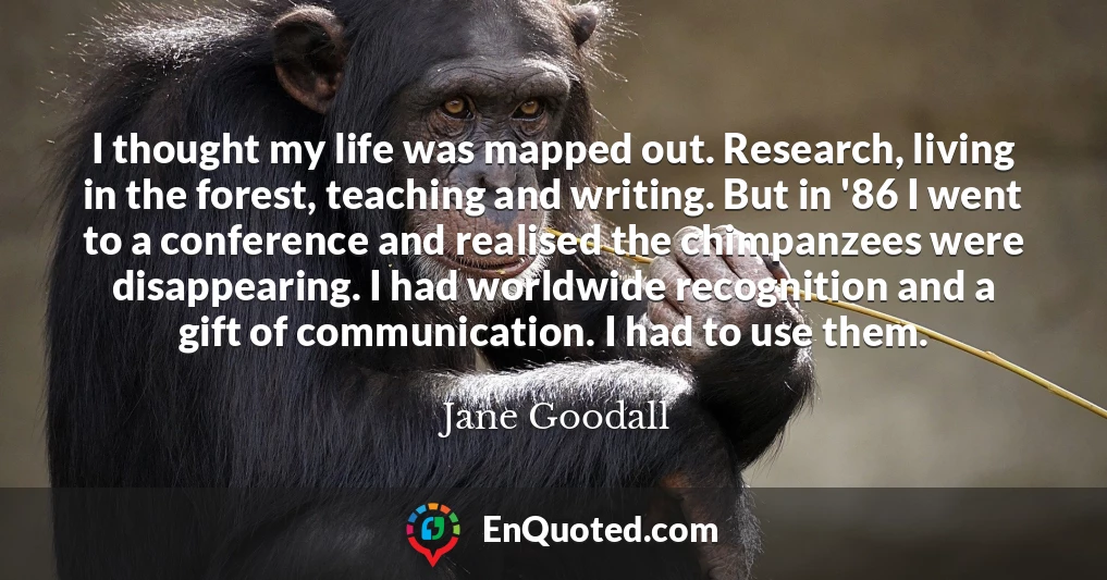 I thought my life was mapped out. Research, living in the forest, teaching and writing. But in '86 I went to a conference and realised the chimpanzees were disappearing. I had worldwide recognition and a gift of communication. I had to use them.