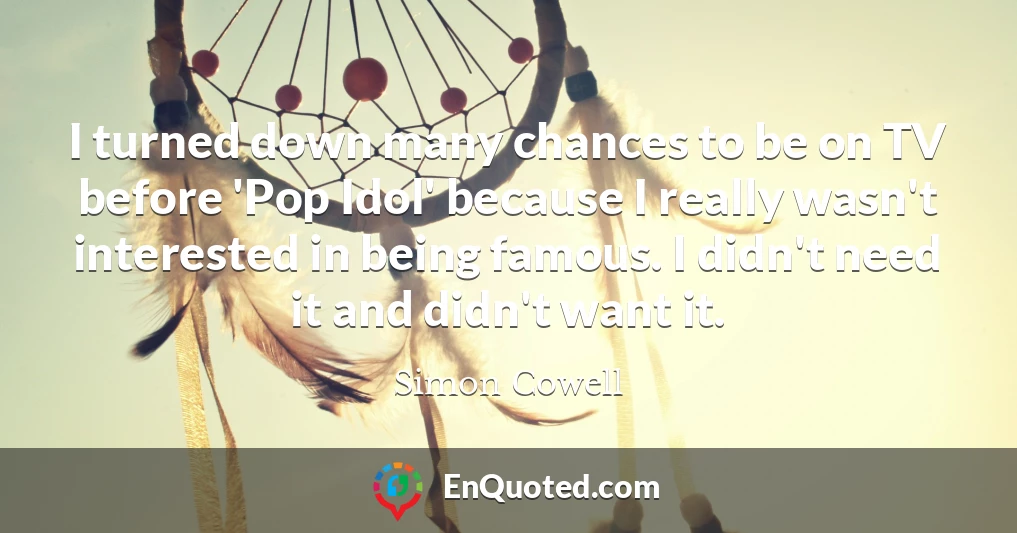 I turned down many chances to be on TV before 'Pop Idol' because I really wasn't interested in being famous. I didn't need it and didn't want it.