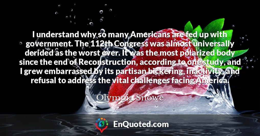 I understand why so many Americans are fed up with government. The 112th Congress was almost universally derided as the worst ever. It was the most polarized body since the end of Reconstruction, according to one study, and I grew embarrassed by its partisan bickering, inactivity, and refusal to address the vital challenges facing America.