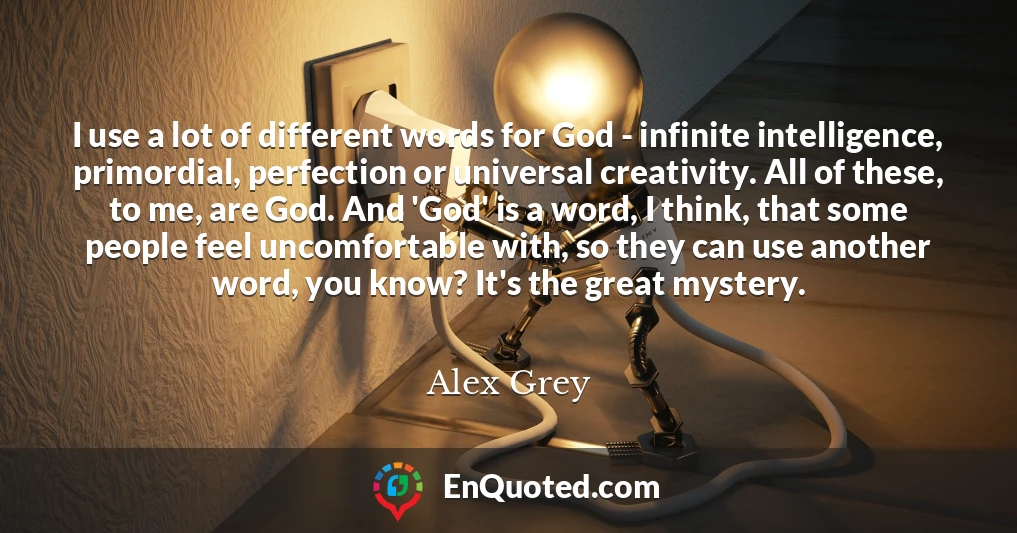 I use a lot of different words for God - infinite intelligence, primordial, perfection or universal creativity. All of these, to me, are God. And 'God' is a word, I think, that some people feel uncomfortable with, so they can use another word, you know? It's the great mystery.