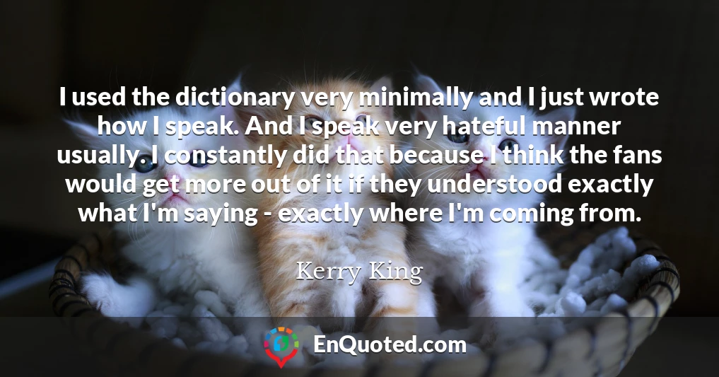 I used the dictionary very minimally and I just wrote how I speak. And I speak very hateful manner usually. I constantly did that because I think the fans would get more out of it if they understood exactly what I'm saying - exactly where I'm coming from.