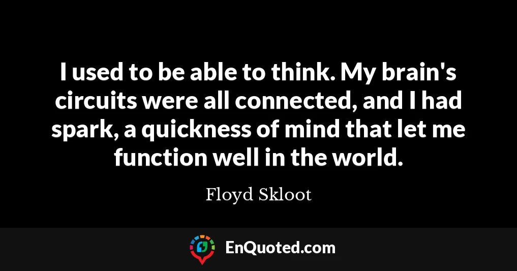 I used to be able to think. My brain's circuits were all connected, and I had spark, a quickness of mind that let me function well in the world.