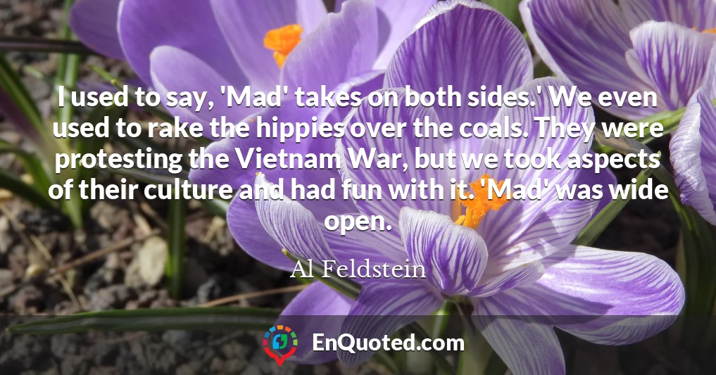 I used to say, 'Mad' takes on both sides.' We even used to rake the hippies over the coals. They were protesting the Vietnam War, but we took aspects of their culture and had fun with it. 'Mad' was wide open.