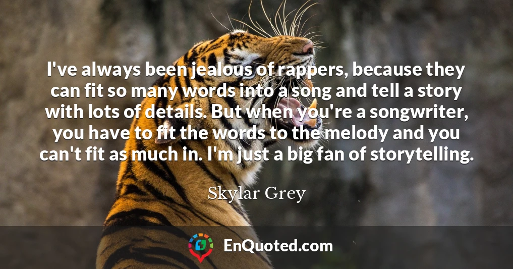 I've always been jealous of rappers, because they can fit so many words into a song and tell a story with lots of details. But when you're a songwriter, you have to fit the words to the melody and you can't fit as much in. I'm just a big fan of storytelling.