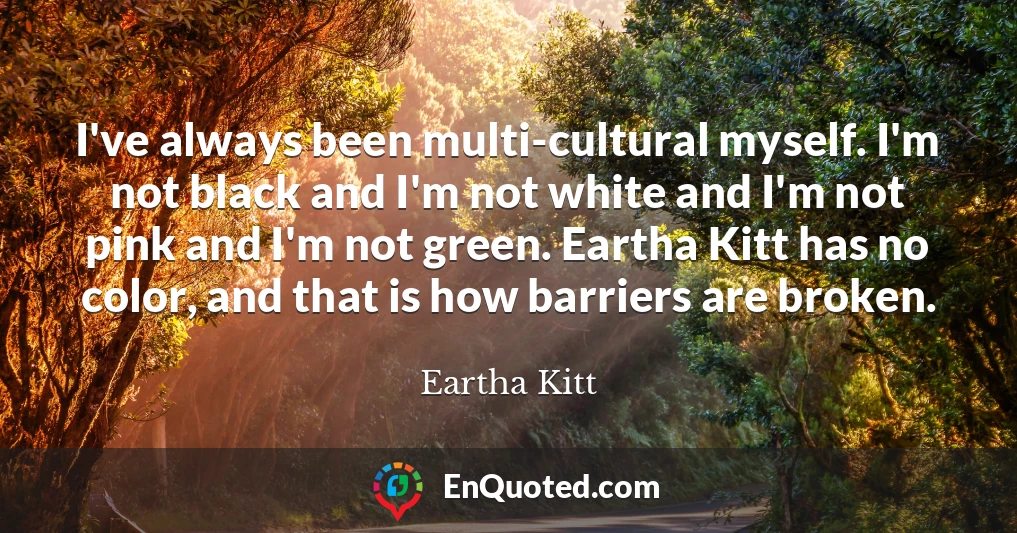 I've always been multi-cultural myself. I'm not black and I'm not white and I'm not pink and I'm not green. Eartha Kitt has no color, and that is how barriers are broken.