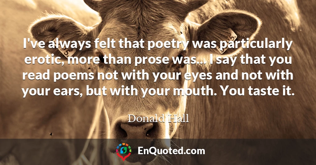 I've always felt that poetry was particularly erotic, more than prose was... I say that you read poems not with your eyes and not with your ears, but with your mouth. You taste it.