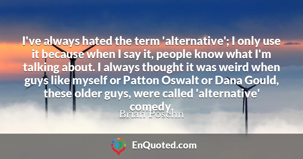 I've always hated the term 'alternative'; I only use it because when I say it, people know what I'm talking about. I always thought it was weird when guys like myself or Patton Oswalt or Dana Gould, these older guys, were called 'alternative' comedy.