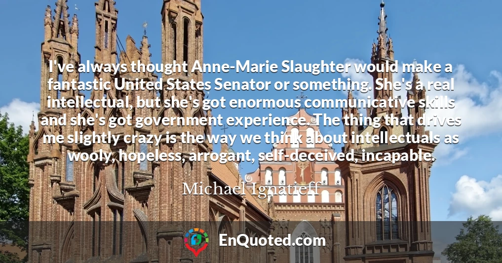 I've always thought Anne-Marie Slaughter would make a fantastic United States Senator or something. She's a real intellectual, but she's got enormous communicative skills and she's got government experience. The thing that drives me slightly crazy is the way we think about intellectuals as wooly, hopeless, arrogant, self-deceived, incapable.