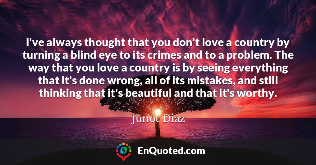 I've always thought that you don't love a country by turning a blind eye to its crimes and to a problem. The way that you love a country is by seeing everything that it's done wrong, all of its mistakes, and still thinking that it's beautiful and that it's worthy.