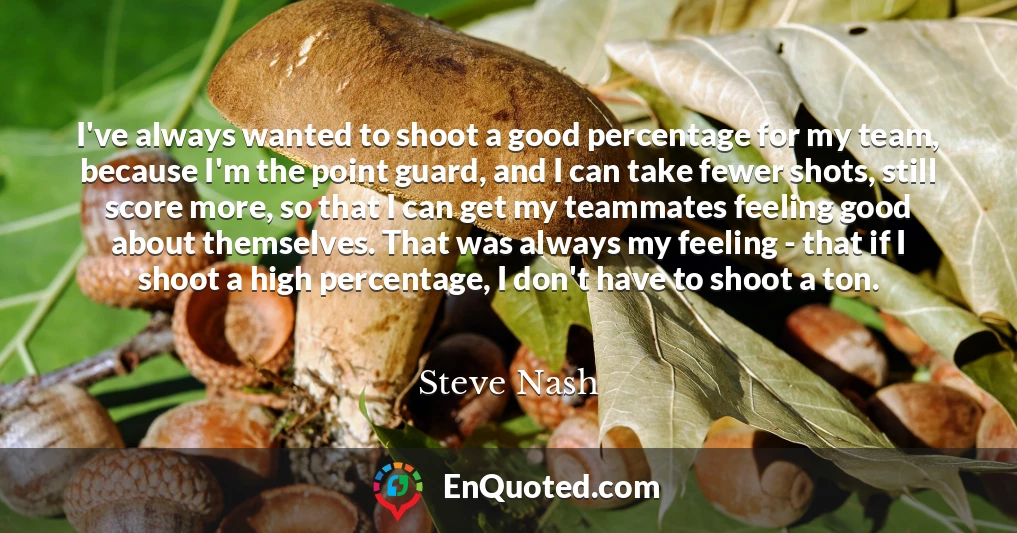 I've always wanted to shoot a good percentage for my team, because I'm the point guard, and I can take fewer shots, still score more, so that I can get my teammates feeling good about themselves. That was always my feeling - that if I shoot a high percentage, I don't have to shoot a ton.