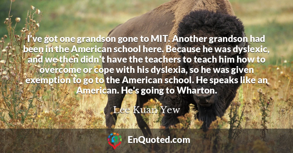 I've got one grandson gone to MIT. Another grandson had been in the American school here. Because he was dyslexic, and we then didn't have the teachers to teach him how to overcome or cope with his dyslexia, so he was given exemption to go to the American school. He speaks like an American. He's going to Wharton.