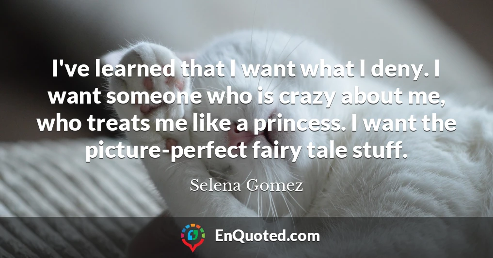 I've learned that I want what I deny. I want someone who is crazy about me, who treats me like a princess. I want the picture-perfect fairy tale stuff.