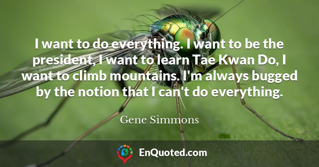 I want to do everything. I want to be the president, I want to learn Tae Kwan Do, I want to climb mountains. I'm always bugged by the notion that I can't do everything.