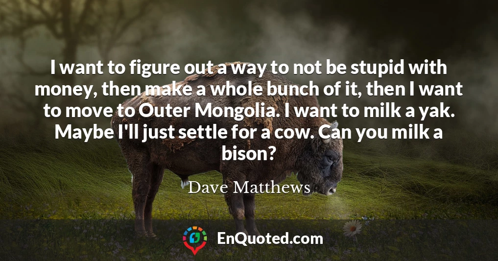 I want to figure out a way to not be stupid with money, then make a whole bunch of it, then I want to move to Outer Mongolia. I want to milk a yak. Maybe I'll just settle for a cow. Can you milk a bison?