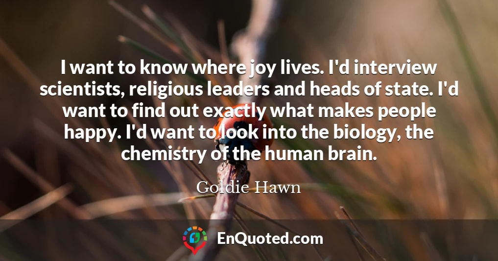 I want to know where joy lives. I'd interview scientists, religious leaders and heads of state. I'd want to find out exactly what makes people happy. I'd want to look into the biology, the chemistry of the human brain.