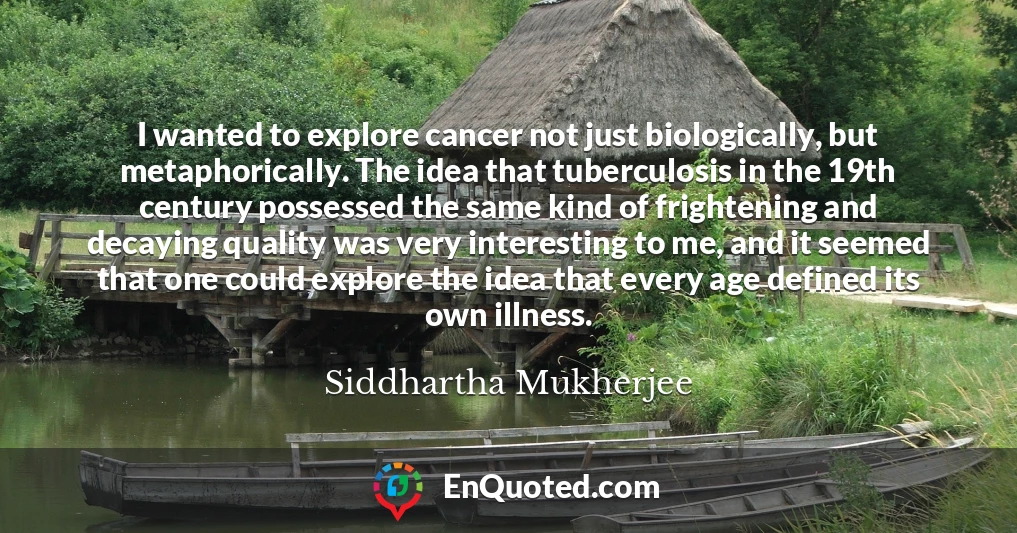 I wanted to explore cancer not just biologically, but metaphorically. The idea that tuberculosis in the 19th century possessed the same kind of frightening and decaying quality was very interesting to me, and it seemed that one could explore the idea that every age defined its own illness.