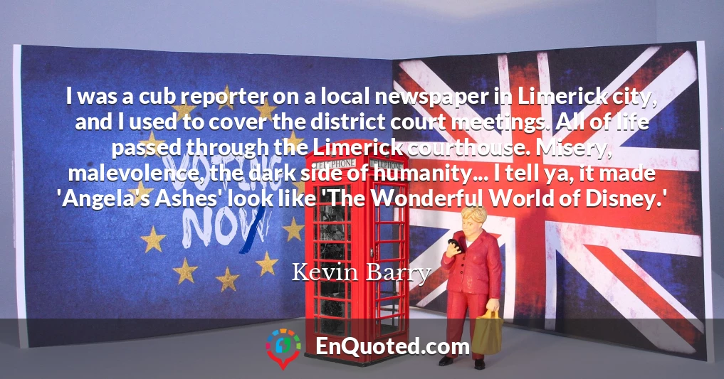I was a cub reporter on a local newspaper in Limerick city, and I used to cover the district court meetings. All of life passed through the Limerick courthouse. Misery, malevolence, the dark side of humanity... I tell ya, it made 'Angela's Ashes' look like 'The Wonderful World of Disney.'
