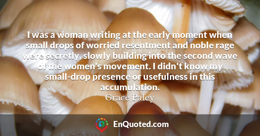 I was a woman writing at the early moment when small drops of worried resentment and noble rage were secretly, slowly building into the second wave of the women's movement. I didn't know my small-drop presence or usefulness in this accumulation.