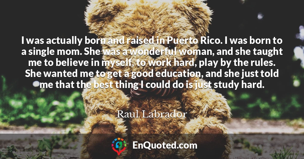 I was actually born and raised in Puerto Rico. I was born to a single mom. She was a wonderful woman, and she taught me to believe in myself, to work hard, play by the rules. She wanted me to get a good education, and she just told me that the best thing I could do is just study hard.