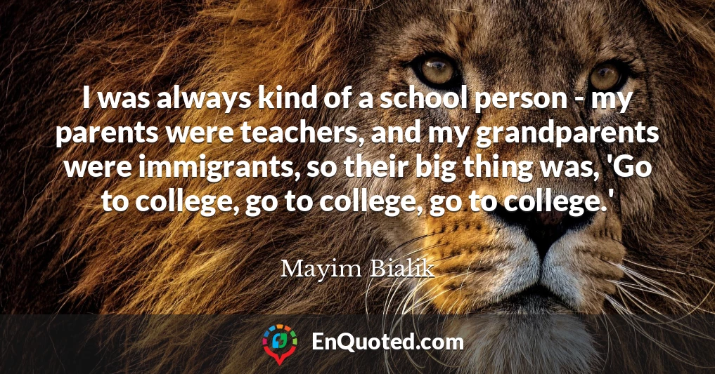I was always kind of a school person - my parents were teachers, and my grandparents were immigrants, so their big thing was, 'Go to college, go to college, go to college.'