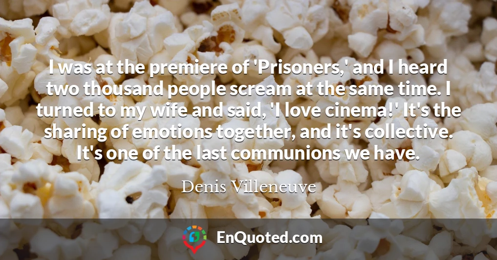 I was at the premiere of 'Prisoners,' and I heard two thousand people scream at the same time. I turned to my wife and said, 'I love cinema!' It's the sharing of emotions together, and it's collective. It's one of the last communions we have.