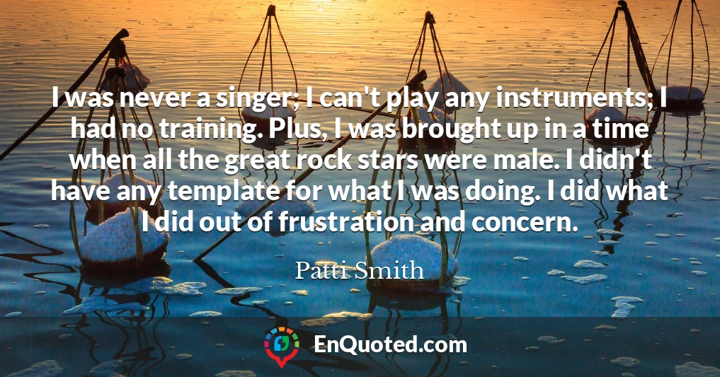 I was never a singer; I can't play any instruments; I had no training. Plus, I was brought up in a time when all the great rock stars were male. I didn't have any template for what I was doing. I did what I did out of frustration and concern.