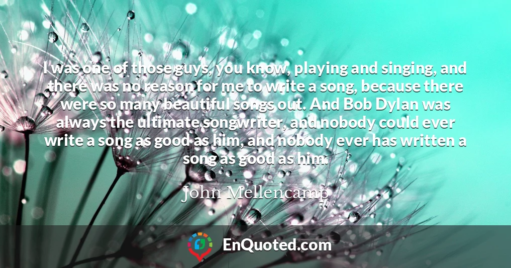 I was one of those guys, you know, playing and singing, and there was no reason for me to write a song, because there were so many beautiful songs out. And Bob Dylan was always the ultimate songwriter, and nobody could ever write a song as good as him, and nobody ever has written a song as good as him.