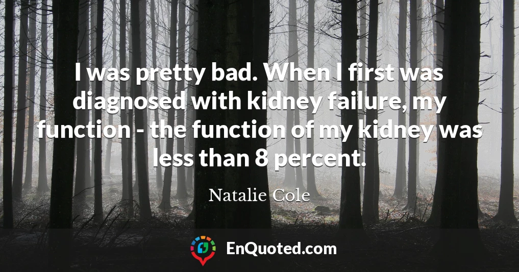 I was pretty bad. When I first was diagnosed with kidney failure, my function - the function of my kidney was less than 8 percent.