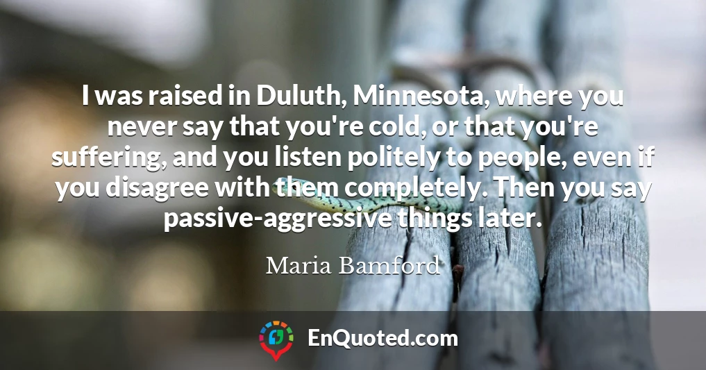 I was raised in Duluth, Minnesota, where you never say that you're cold, or that you're suffering, and you listen politely to people, even if you disagree with them completely. Then you say passive-aggressive things later.