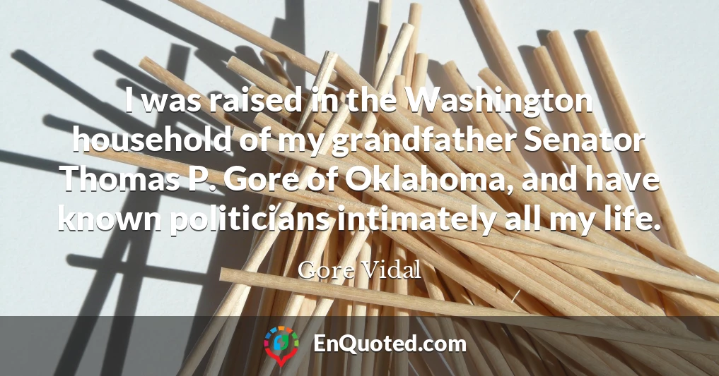 I was raised in the Washington household of my grandfather Senator Thomas P. Gore of Oklahoma, and have known politicians intimately all my life.