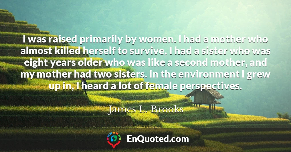 I was raised primarily by women. I had a mother who almost killed herself to survive, I had a sister who was eight years older who was like a second mother, and my mother had two sisters. In the environment I grew up in, I heard a lot of female perspectives.