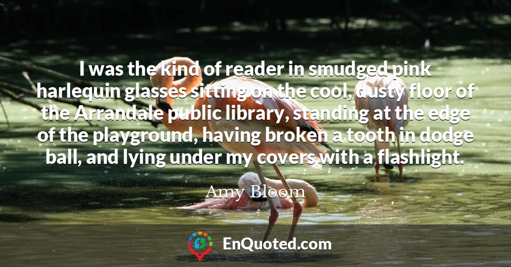 I was the kind of reader in smudged pink harlequin glasses sitting on the cool, dusty floor of the Arrandale public library, standing at the edge of the playground, having broken a tooth in dodge ball, and lying under my covers with a flashlight.