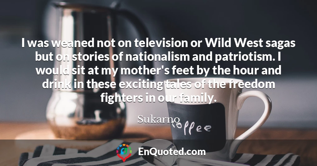 I was weaned not on television or Wild West sagas but on stories of nationalism and patriotism. I would sit at my mother's feet by the hour and drink in these exciting tales of the freedom fighters in our family.