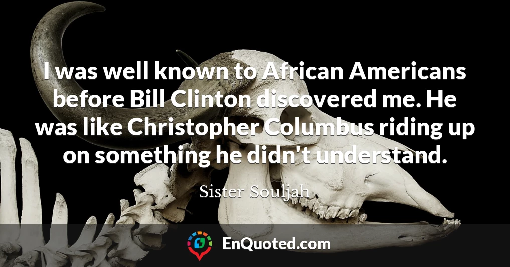 I was well known to African Americans before Bill Clinton discovered me. He was like Christopher Columbus riding up on something he didn't understand.