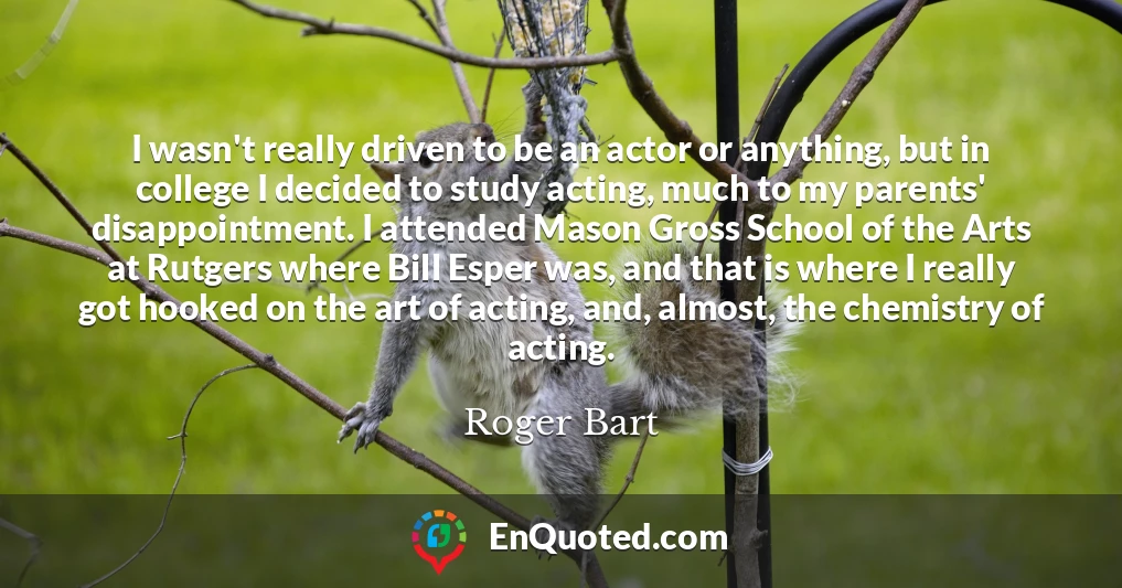 I wasn't really driven to be an actor or anything, but in college I decided to study acting, much to my parents' disappointment. I attended Mason Gross School of the Arts at Rutgers where Bill Esper was, and that is where I really got hooked on the art of acting, and, almost, the chemistry of acting.