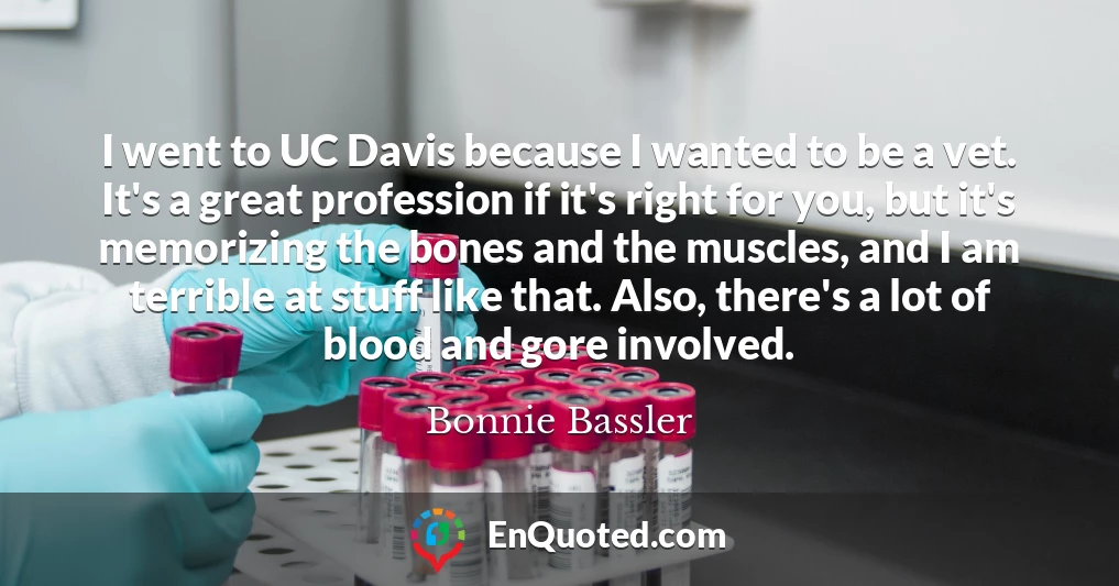 I went to UC Davis because I wanted to be a vet. It's a great profession if it's right for you, but it's memorizing the bones and the muscles, and I am terrible at stuff like that. Also, there's a lot of blood and gore involved.