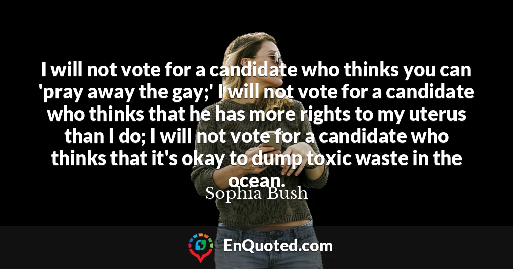 I will not vote for a candidate who thinks you can 'pray away the gay;' I will not vote for a candidate who thinks that he has more rights to my uterus than I do; I will not vote for a candidate who thinks that it's okay to dump toxic waste in the ocean.